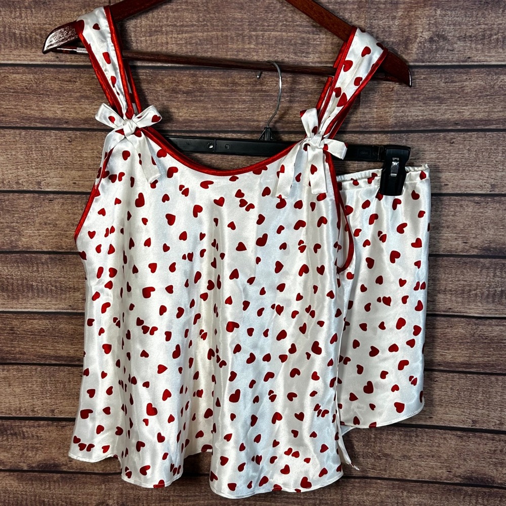 VTG Y2K Jones New York Pajama Set XL White Red Heart Satin Cami Shorts Coquette